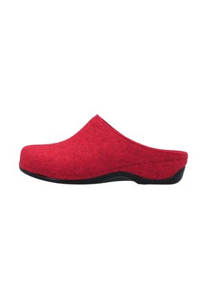 Roter geschlossener Filzpantoffel mit schwarzer Sohle, entworfen für Innenkomfort und einfaches Hineinschlüpfen.