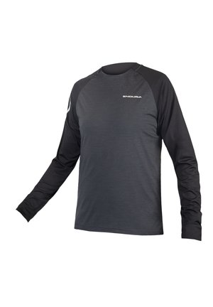 Langdurige mouwen shirt in donkergrijs met zwarte raglanmouwen. Gemaakt van zachte stof. Heeft een klein logo op de borst.