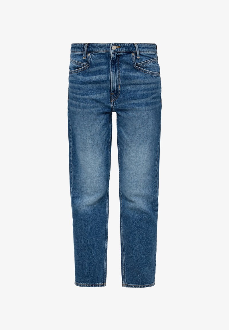 Niebieskie dżinsy z prostym krojem, dwoma przednimi kieszeniami i zapięciem na guzik. Charakteryzują się delikatnym wyblaknięciem i detalami przeszyć wzdłuż szwów.