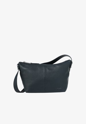 Czarna torebka na ramię z teksturowanej skóry, z zaokrąglonym górnym brzegiem, zamkiem błyskawicznym i regulowanym paskiem, z subtelnym logo marki z przodu.