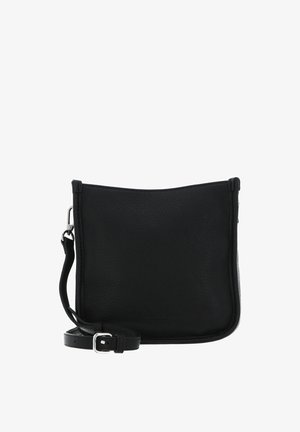 Sac bandoulière en cuir noir avec une finition texturée, doté d'une fermeture éclair et d'une sangle réglable. Design simple et rectangulaire.