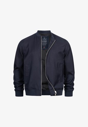 Granatowa kurtka typu bomber z częściowo rozpinanym srebrnym zamkiem, prążkowanymi mankietami i krawędzią oraz dwoma przednimi kieszeniami.