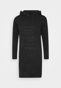 Černé dlouhé mikinové šaty s kapucí, s potiskem na přední straně a logy, s šňůrkou na kapuci a žebrovanými manžetami.