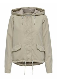 Beige lightweight jacket with a hood, drawstring hem, two front pockets, zip and snap closure, and a textured surface.