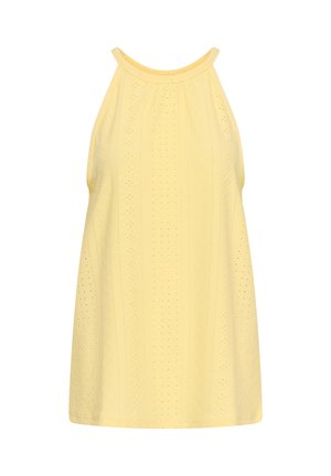 Haut sans manches jaune à col licou avec motif ajouré et encolure froncée, présenté sur un fond blanc uni.