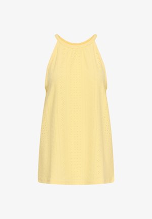 Žltý tielkový top bez rukávov s výšivkou a nariaseným výstrihom, zobrazený na bielom pozadí.