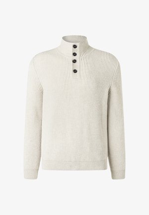 Light gray ribbed sweater with a high collar, featuring four black buttons on the placket and long sleeves for a fitted silhouette.
