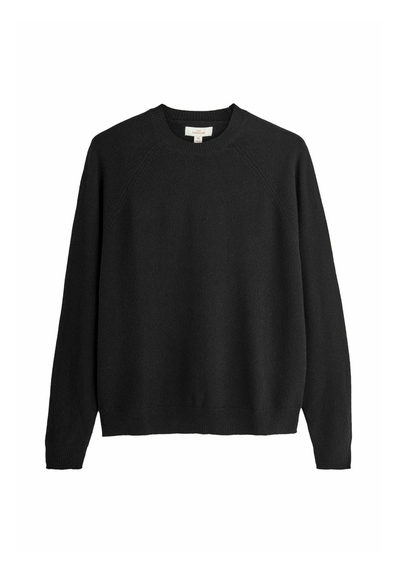 Schwarzer Strickpullover mit langen Ärmeln, geripptem Ausschnitt und Bündchen sowie Raglanärmel-Design. Weiche Textur, keine sichtbaren Muster oder Akzente.