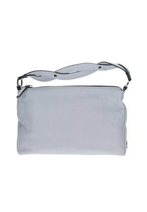 Sac à bandoulière en cuir gris avec une finition texturée et une sangle noire contrastante. Comprend une fermeture zippée sur le dessus et une forme rectangulaire slim.