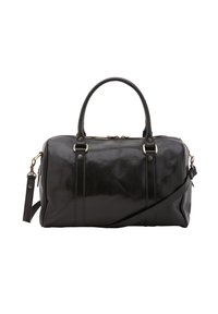 Borsa duffel in pelle nera con doppi manici superiori, tracolla removibile, hardware in tonalità dorata e cuciture verticali frontali. Texture liscia.