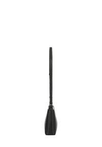 Black leather handbag with a structured, tapered design, thin shoulder strap, and minimalistic hardware. Smooth texture and sleek silhouette.