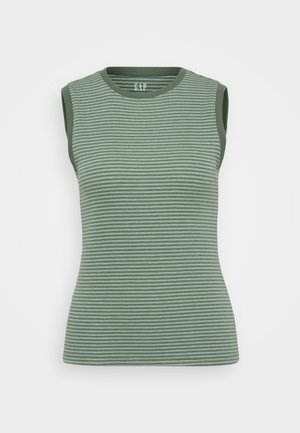 Bezramiączkowy zielony top o żeberkowanej strukturze, z ciemnozielonymi akcentami na krawędziach. Posiada okrągły dekolt oraz dopasowany krój.