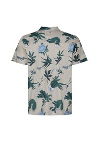 Chemise à manches courtes en tissu beige avec motifs floraux verts et bleus ainsi que des cactus. Dispose d'un col avec revers et d'une coupe décontractée.