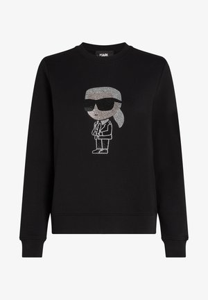 Black long-sleeve sweatshirt with a rhinestone graphic of a stylized person wearing sunglasses and a suit on the front.