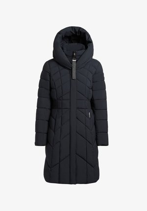 Pufferjack in donker marineblauw, met een hoge kraag, gewatteerd patroon, ritssluiting en zijzakken. Gemaakt van soepel, geïsoleerd materiaal.