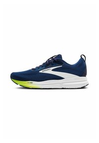 Chaussure de course marine avec tige en maille respirante, accents blancs, semelle verte et semelle intermédiaire rembourrée. Comprend des lacets et une languette à l'arrière.