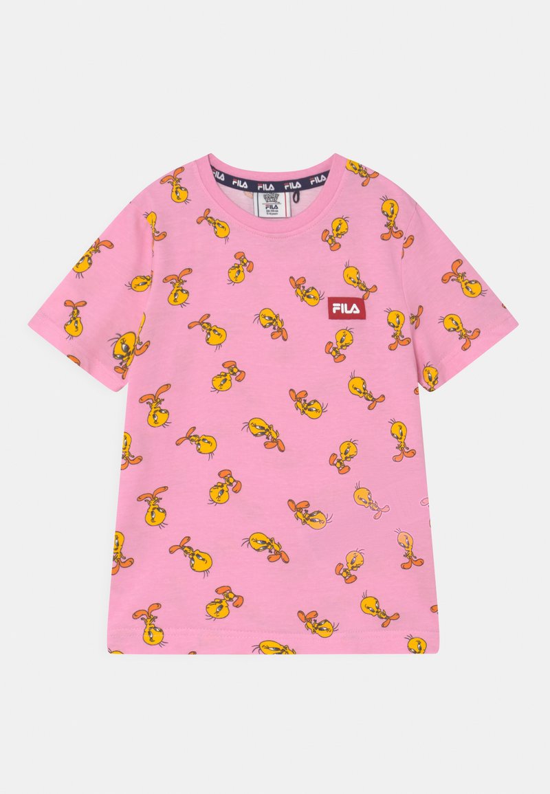 T-shirt de algodão rosa com um padrão repetido do Tweety Bird amarelo, com gola redonda, mangas curtas e um pequeno logo vermelho da FILA.