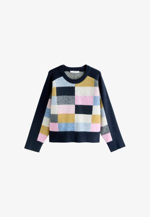 Gestrickter Pullover mit Patchwork-Design in den Farben Marineblau, Gelb, Pink und Blau; beinhaltet verschiedene Muster und Texturen.