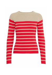 Röd och beige randig tröja med ribbad textur, långa ärmar och rund halsringning. Har växelvis horisontella ränder.