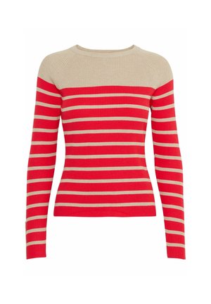 Rot-beige gestreifter Pullover mit gerippter Textur, langen Ärmeln und rundem Ausschnitt. Mit abwechselnden horizontalen Streifen.