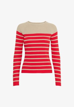 Suéter a rayas rojas y beige con textura acanalada, mangas largas y un cuello redondo. Presenta rayas horizontales alternas.
