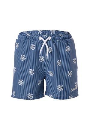 Blue swim shorts with white vertical stripes and white turtle patterns, featuring a white drawstring at the elastic waistband.