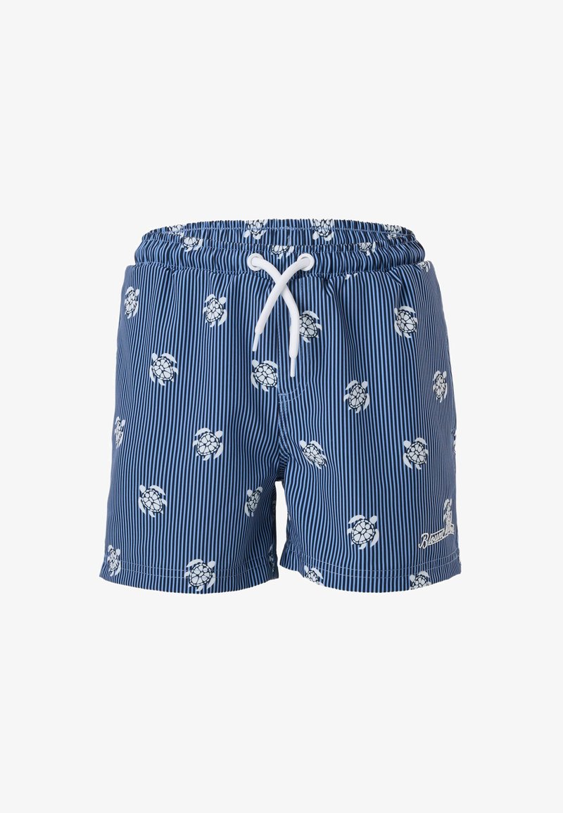 Shorts de bain bleus à rayures verticales blanches et motifs de tortues blanches, avec un cordon blanc à la taille élastique.