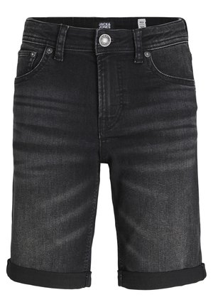 Shorts en denim noir au design classique, avec des ourlets roulés, cinq poches et une fermeture à bouton en métal. Texture douce avec des nuances subtiles.