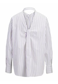 Blusa bianca con strisce verticali viola, caratterizzata da un profondo scollo a V, maniche lunghe e un dettaglio plissettato frontale per una maggiore texture.
