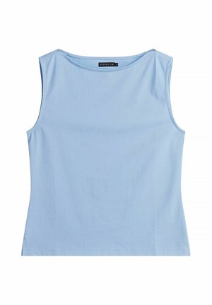Light blue sleeveless crop top with a round neckline and small brand label at the inner back collar.