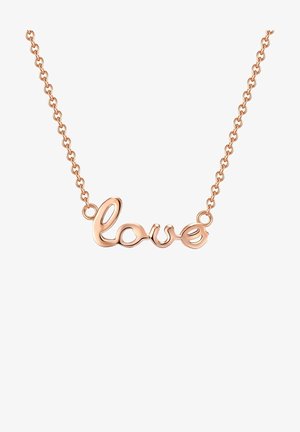 Collar de oro rosa con la palabra "amor" en escritura cursiva, que presenta una delicada cadena y un acabado suave y pulido. Diseño simple y elegante.
