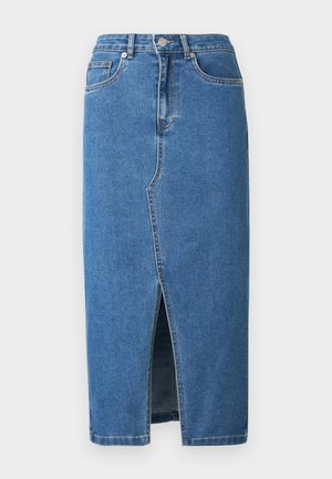 Denim midi-rok in blauw. Voorzien van een voorsplit, een hoge tailleband en een ontwerp met vijf zakken. Klassieke stiksels en metalen hardware accenten.