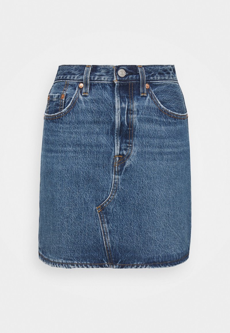 Denimmini-hame keskipitkä sininen, jossa on kultaiset tikkaus, etutaskut ja nappikiinnitys. Sileä rakenne klassisella leikkauksella.