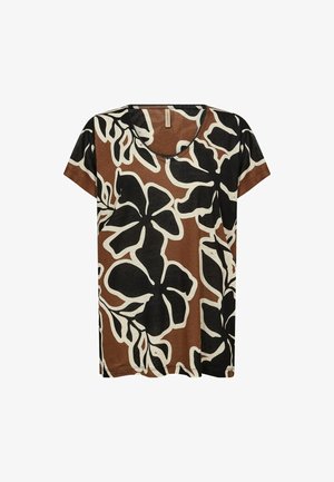 Pruun lühikeste varrukatega särk, millel on suur must-valge troopiline lillemuster ja ümar kaelus.