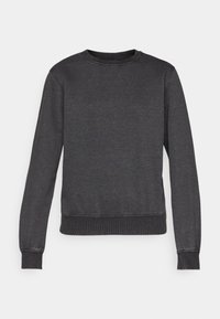 Tumehall sweatshirt, millel on ümmargune kaelus, pikad varrukad, soonikust mansetid ja alläär, valmistatud pehmest, tekstuuriga kangast.