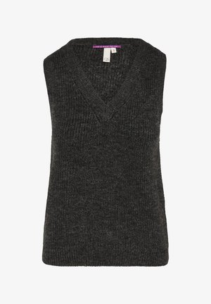 Donkergrijze zonder mouwen trui met een diepe V-hals. Geweven textuur, licht aansluitende pasvorm en geen zichtbare sluitingen of versieringen.