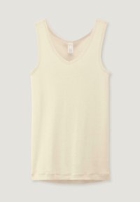V-neck beige tank top made of soft, lightweight fabric with wide shoulder straps and a straight hem. No patterns or accents present.