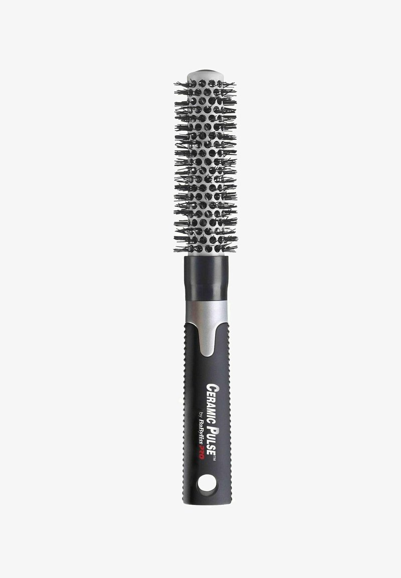 Ceramic round brush with black bristles on a textured white barrel. Features a black rubber handle with a silver accent and grip details.