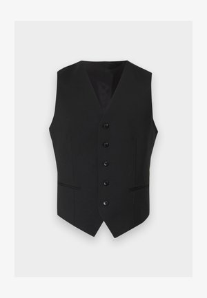 Μαύρο επίσημο γιλέκο με πέντε κουμπιά μπροστά και δύο μικρές μπροστινές τσέπες, χωρίς μανίκια με σχέδιο σε σχήμα V.