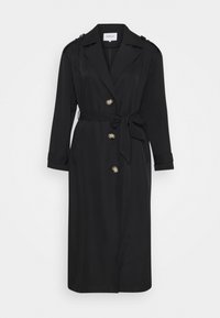 Black trench coat with a cinched waist, double-breasted button closure, shoulder epaulettes, and long, rolled sleeve cuffs.