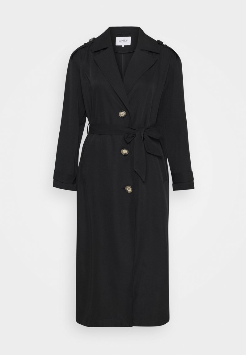 Black trench coat with a cinched waist, double-breasted button closure, shoulder epaulettes, and long, rolled sleeve cuffs.