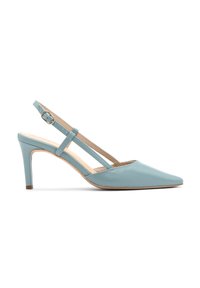 Sandale cu toc slingback din piele de culoare bleu deschis, cu vârf ascuțit, toc subțire și design cu două curele. Prezintă o cataramă pentru ajustare.