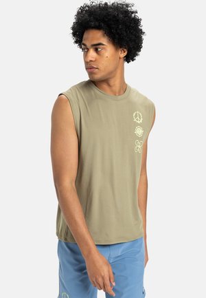 Sleeveless olive green cotton t-shirt with a round neckline, featuring light-colored graphic designs on the chest and side.