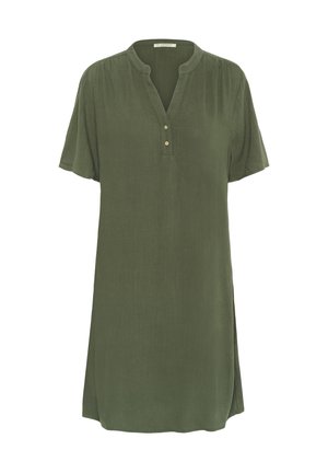 Oliivroheline lühikeste varrukatega kleit mandariinikaelusega, kahe nupuga, pehme tekstuuriga ja külgmiste lõhikute ning vabalt langeva ja sirge lõikega.