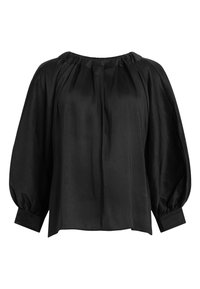 Blouse noire à coupe ample avec un col froncé et des manches bouffantes terminées par des poignets ajustés, présentée sur fond blanc.
