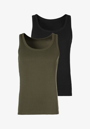 Zwei Tanktops sind ausgestellt: eines in Olivgrün und eines in Schwarz, mit einem runden Ausschnitt und einem glatten Baumwoll-Mischgewebe.