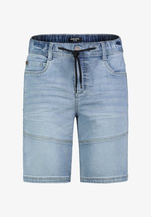 Light blue denim shorts with an elastic waistband, drawstring closure, two front pockets, and horizontal stitching detail at the thighs.