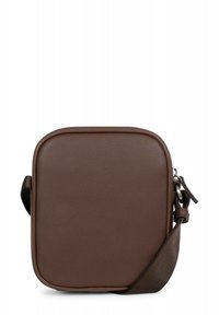 Borsa a tracolla in pelle marrone con forma quadrata, texture liscia e tracolla rimovibile. Presenta un design minimalista e cuciture sottili.