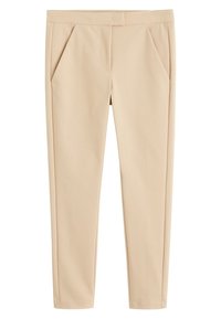 Beżowe, dopasowane spodnie wykonane z gładkiego materiału, z bocznymi kieszeniami, płaskim przodem i zwężającymi się nogawkami w stylu slim fit.