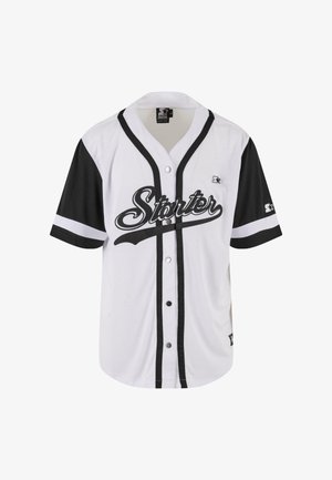 Jerseul de baseball cu mânecă scurtă, alb, cu accente negre, cu închidere prin butoane și logo-ul text "Starter" în negru. Prezintă dungi negre pe mâneci.